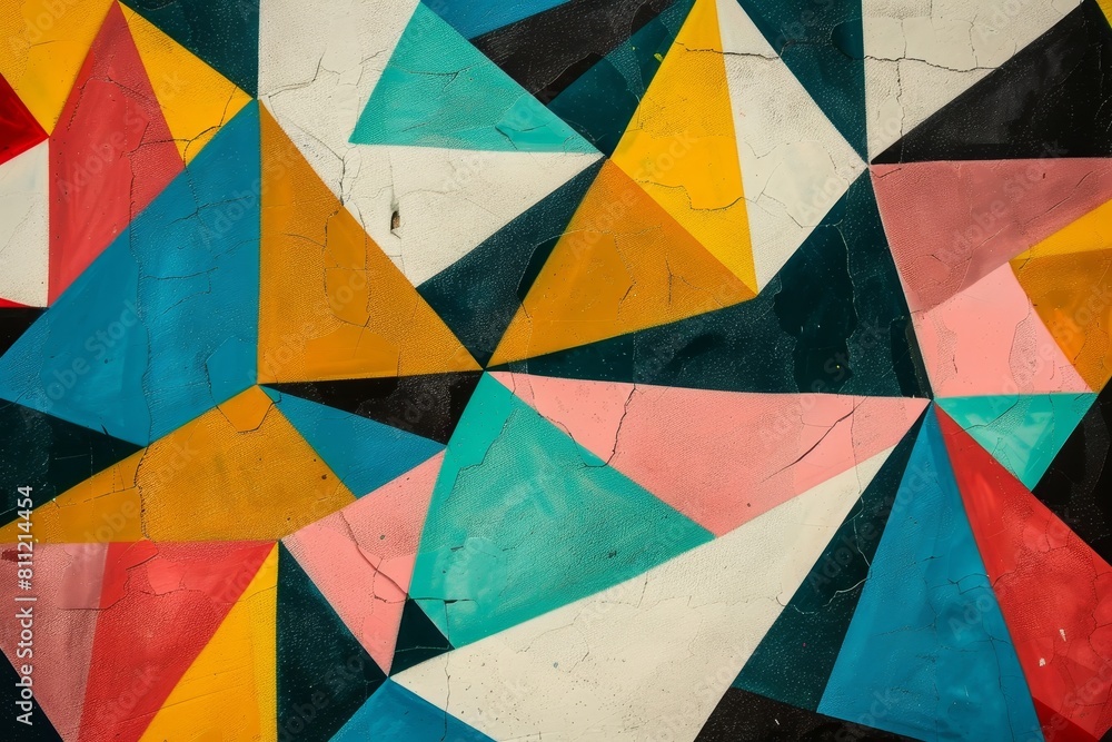 Poster an abstract painting featuring vibrant, colorful shapes with sharp angles displayed on a wall, a geo