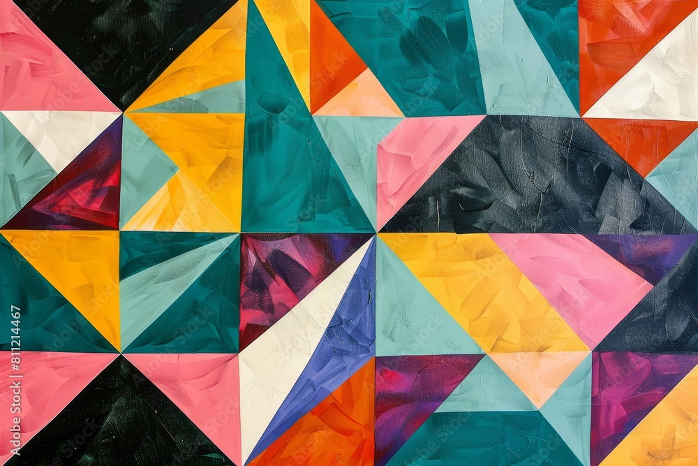 Poster a painting showcasing a dynamic multicolored abstract design with sharp angles and contrasting color