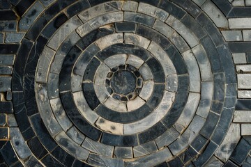 Fototapeta premium Overhead view of a precise circular stone pattern on the ground, A geometric pattern symbolizing the discipline and focus required in martial arts training