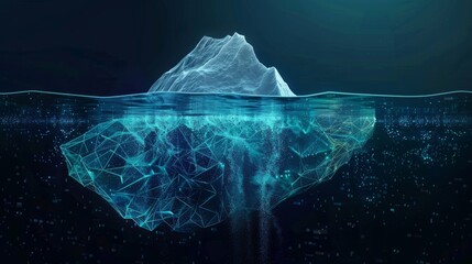 Digital Antarctic iceberg in the ocean in futuristic polygonal style on dark technology background. Abstract Metaphor of Big Data or hard work to success. Low poly wireframe vector illustratio