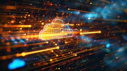Digital informational technology web futuristic hologram with cloud icon, blue golden light digits and code background, cloud computing. Abstract Motion of digital data flow. Generative AI