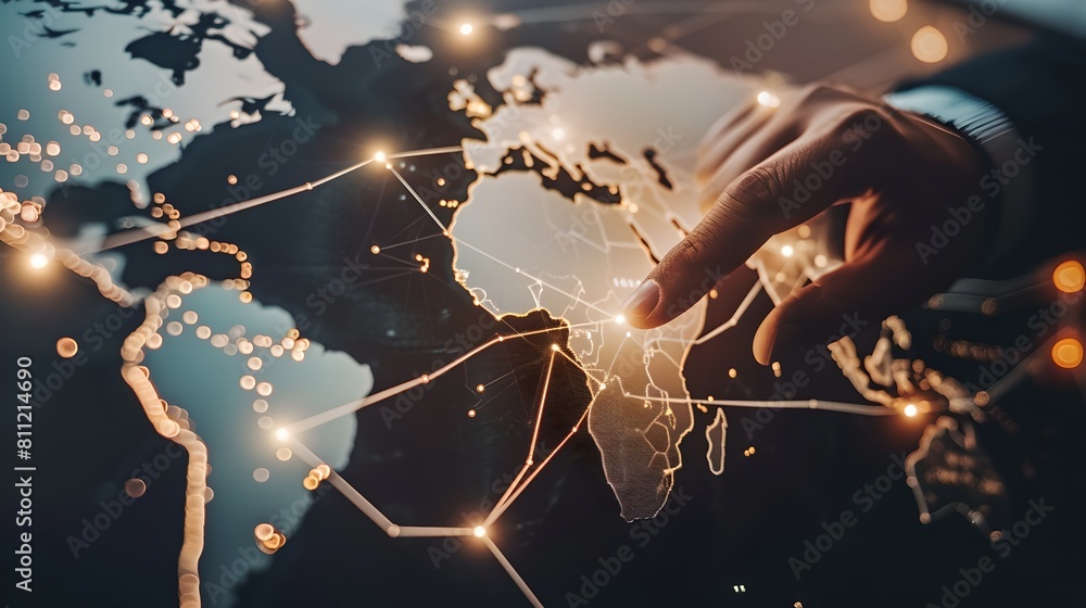 Poster digital world connectivity and network concept in a modern visual. person interacting with a global 