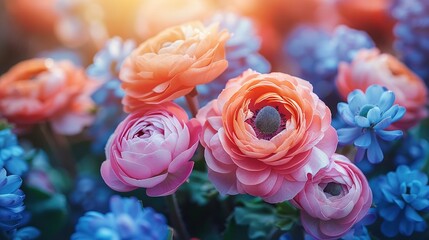   Close-up of flowers featuring blue, pink, and orange blooms - Powered by Adobe