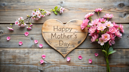 Mothers day card with pink spring flowers and heart shape on rustic wood. Close-up with short depth of field and english text.