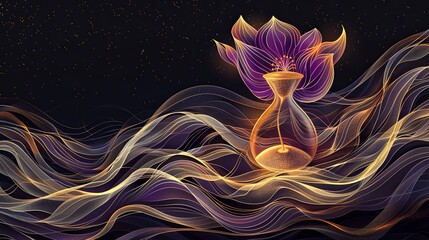 A purple flower is in front of a gold and orange background