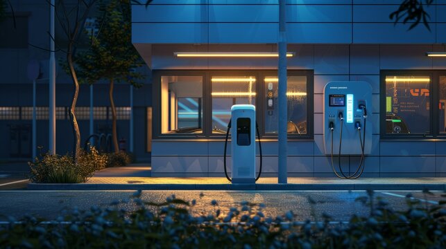 E - mobility, Electric vehicle charging, Electric car charging station, e-car charge point or electric vehicle supply equipment (EVSE) with information sign electric car public charging point station.