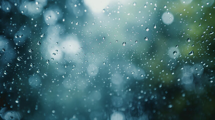 A serene close-up of raindrops splattering against a windowpane, with the blurred outlines of trees swaying in the breeze outside. Dynamic and dramatic composition, with copy space