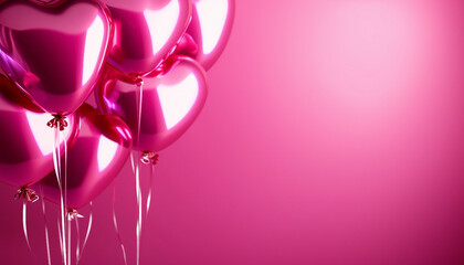Glossy pink heart-shaped balloons on a vibrant pink background, symbolizing love and celebration - Powered by Adobe