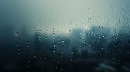 A mesmerizing shot of raindrops creating intricate patterns on a fogged-up window, with the hazy outlines of buildings visible in the distance. Dynamic and dramatic composition, wi