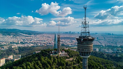 Obraz premium Aerial View of a Modern Cityscape and Communication Tower, Surrounded by Greenery and Clouds. Urban Photography. AI