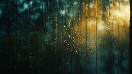 Obraz premium A mesmerizing shot of raindrops forming rivulets on a misted-up window, with the soft glow of twilight casting long shadows. Dynamic and dramatic composition, with copy space