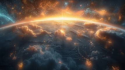 Outer space, mysterious planet with landmasses, seas, billowing clouds, vibrant colors, light, aura...