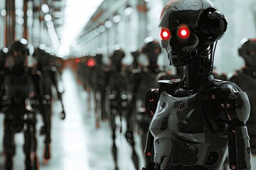 black humanoid robot works to secure an area in a large group of them