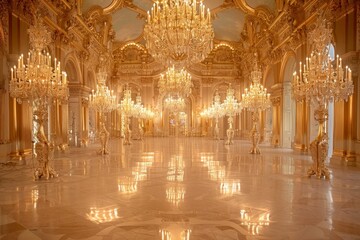 A spacious room adorned with stunning chandeliers hanging from the ceiling, creating a luxurious ambiance, A glamorous ballroom dripping with crystal chandeliers and opulent gold accents