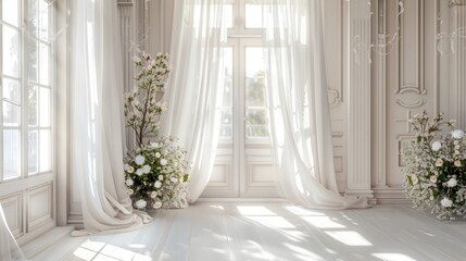 Elegant home interior or floral entryway featuring clean, white elements and flowing curtains to set the perfect mood for your portrait overlays. A great way to enhance your wedding or engagement.