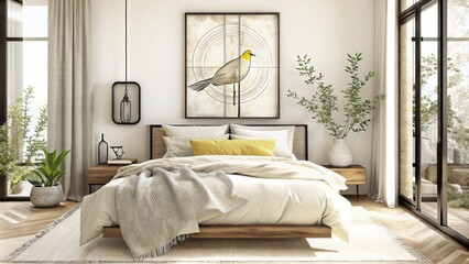 A modern bedroom with large windows, white walls and a black frame poster on the wall above the bed, wooden side tables, plants in vases
