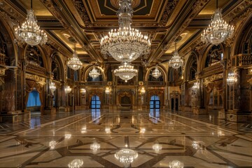 Obraz premium A grand ballroom adorned with sparkling chandeliers hanging from the ceiling, creating a luxurious ambiance, A glamorous ballroom dripping with crystal chandeliers and opulent gold accents