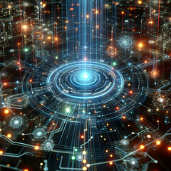 Obraz premium Circuit,Abstract network technology concept 3d illustration,Blue Tech Waves Background Tunnel