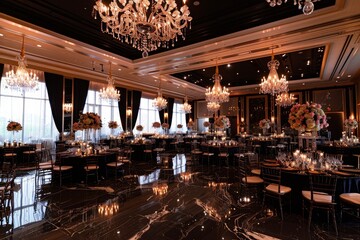 A grand ballroom adorned with dazzling chandeliers and tables set for a glamorous black-tie affair, A glamorous black-tie affair in a luxurious ballroom with crystal chandeliers