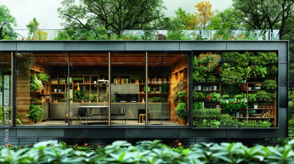 Poster render a cross-section of a futuristic house equipped with automated systems for climate control, li
