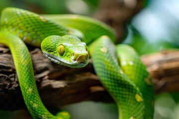 Naklejka premium green snake on a branch