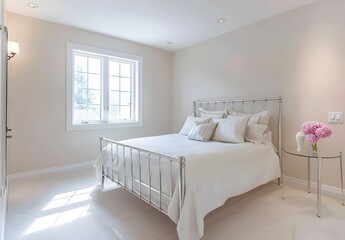 white bedroom with metal frame bed, sleek silver headboard and footboard, minimalistic design