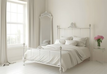 white bedroom with metal frame bed, sleek silver headboard and footboard, minimalistic design