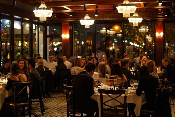A group of people enjoying a meal and socializing at tables in a busy restaurant, A glamorous restaurant filled with networking professionals