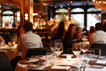 Several individuals sitting together at a restaurant table, engaged in conversation and dining, A glamorous restaurant filled with networking professionals
