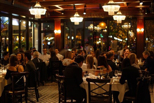 A group of people enjoying a meal and socializing at tables in a busy restaurant, A glamorous restaurant filled with networking professionals