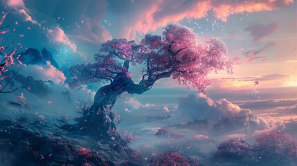 fantastic landscape with a fantasy tree of desires in pink-blue colors hyper realistic 