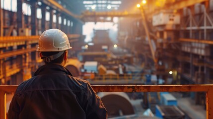 Steel mill worker wearing hard hat looking out at factory floor