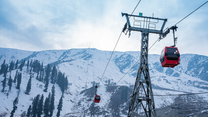 Kashmir adventure activity gondola cable card ride, Beautiful snow covered mountain view with ropeway cable car ride
