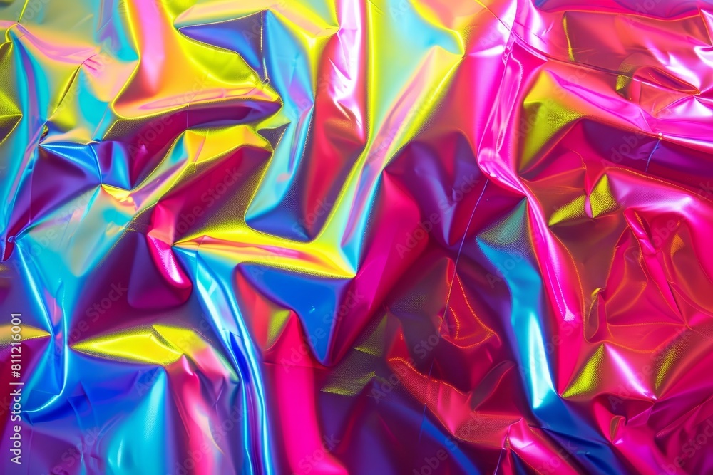 Poster detailed view of a shiny, multicolored cloth displaying a neon color gradient, a glossy, shiny plast