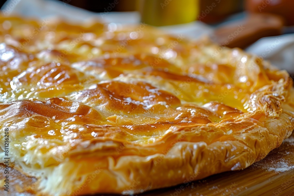 Poster A close-up view of a pie with a golden crust on a table, A golden crust that crackles with each bite