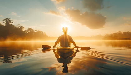 The man paddles his kayak on the peaceful lake at sunset, surrounded by the beautiful natural landscape of the water, sky, and clouds