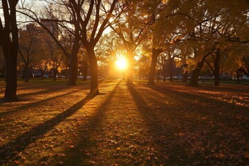 Naklejka premium Sun shining through trees casting shadows in park setting, A golden sunset casting long shadows over a peaceful park