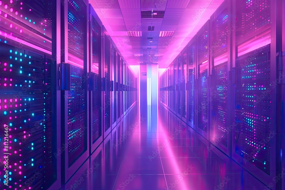 Wall mural servers in a data center with pink or purple light