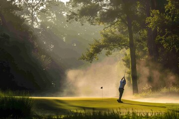 A person on a golf course is midswing, hitting a golf ball with a club, under sunlight, A golfer mid-swing, with sunlight filtering through the trees