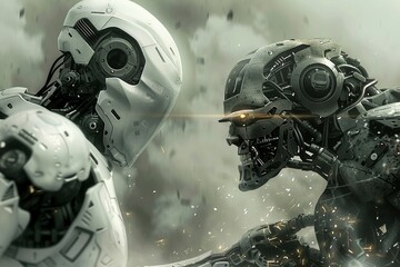 two humanoid robots face each other to dispute their differences