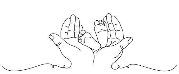 baby's feet held by parents line art style. children's day and father's day elements	