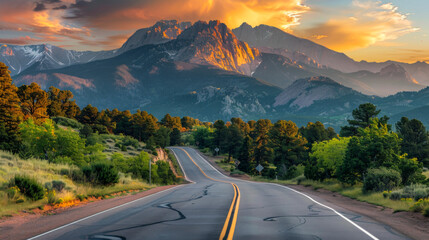Beautiful View of Scenic Highway with American Rocky Mountain Landscape in the background. Sunset light