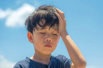炎天下の暑さで熱中症になりそうな子供（真夏日・猛暑・脱水・日射病・酷暑・シニア）