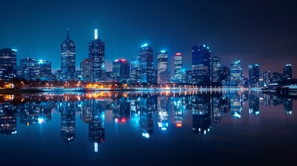 Fototapeta premium A riverfront city skyline reflecting in the water at night, with illuminated buildings creating a mesmerizing urban waterfront scene.