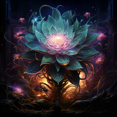 painting of a flower with a glowing center surrounded by vines