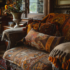 there is a couch with a colorful pillow and a vase of flowers