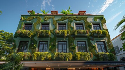 Hotel with green facade. Generative AI.