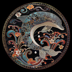 there is a decorative plate with a dolphin on it