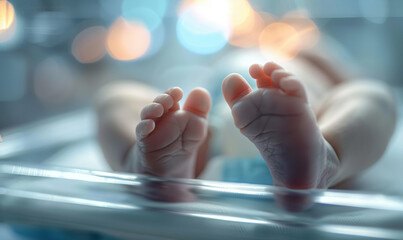 Cute Little Caucasian Newborn Baby feet Lying in Bassinet in a Maternity Hospital, Healthcare, Pregnancy and Motherhood Concept