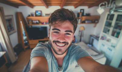 Fototapeta premium The interior becomes a background for a young, handsome man who takes a selfie with a phone in his hand.